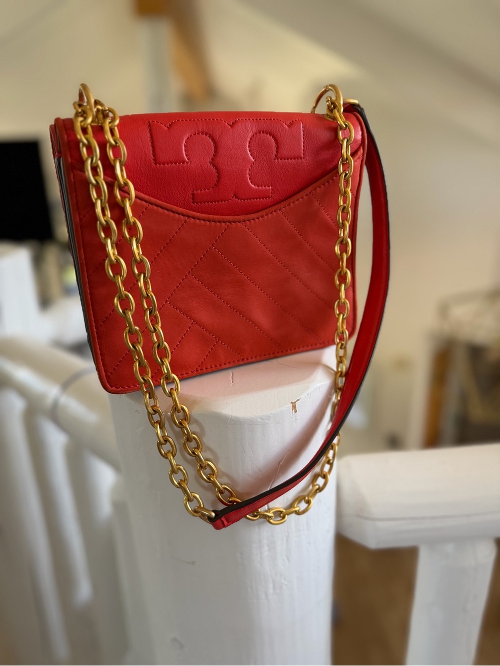 Tory Burch Red Quilted Leather Shoulder Bag with Gold Chain